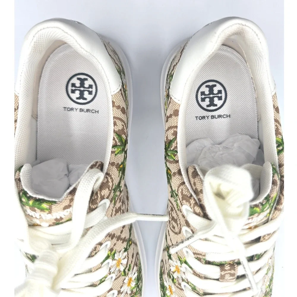 Tory Burch Howell T-Monogram Embroidered‎ Daisy Sneakers Hazel White 81296 9.5